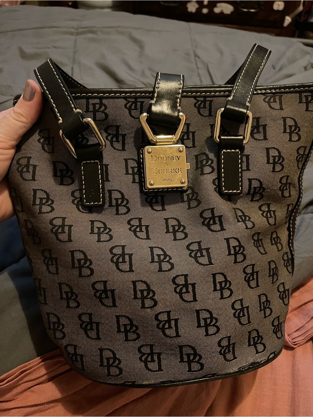 Dooney & Bourke Black and Gray DB Monogram Tote with Gold Plaque